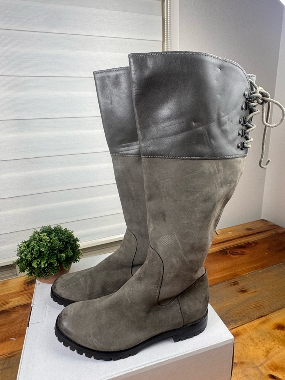 Cole Haan Grey Distress Leather Round Toe Corset Back Women Boots Sz 9B